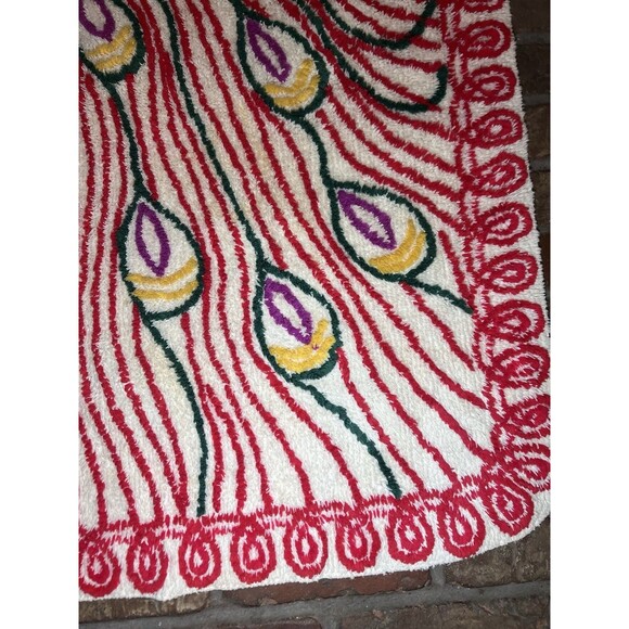 Vintage Chenille Peacock Rug Red Green Yellow White ~ 30”x55” 40-50’s Mod - Picture 7 of 16